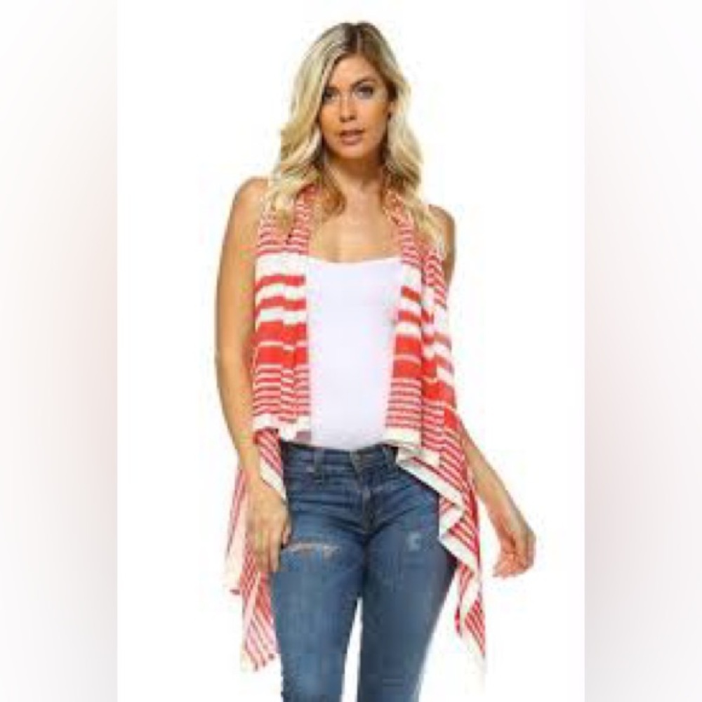 NWT Active Los Angeles Coral Striped Knit Waterfall Sleeveless Open Cardigan